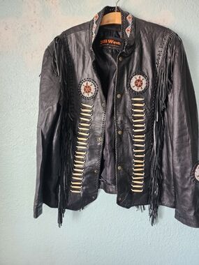 Black Leather Fringe Jacket with Beaded Medallions